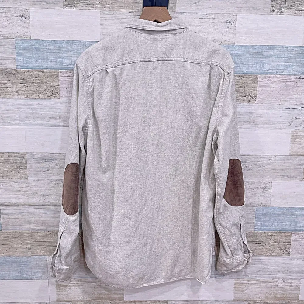 J. Crew Cotton Wool Flannel Suede Elbow Patch Shirt Oatmeal Gray Preppy Men XL
